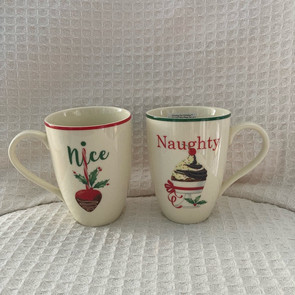 Lenox Holiday Festive Naughty and Nice Mugs Cream with Red and Green Accents